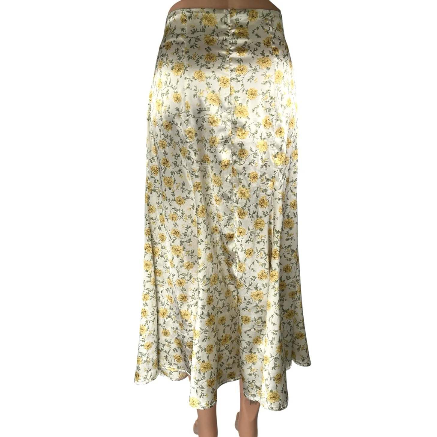 Lulus White Yellow Floral Silk Satin High Waisted Peasant Slip Midi Skirt Size M - Image 3