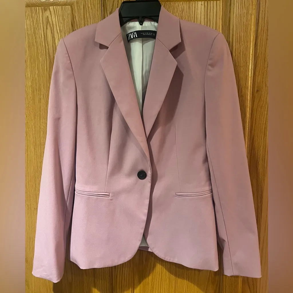 ZARA Classic One-Button Pink Suit Business Career Work‎ Stretch Blazer Size 6 - Image 3