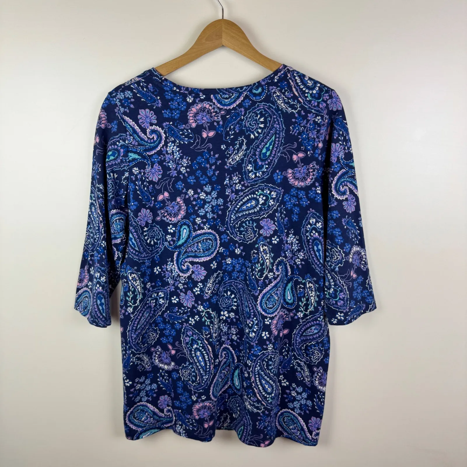 Woman Within Paisley Tunic Top Size 14/16 Blue V-Neck Stretch Boho Comfy Modest - Image 4