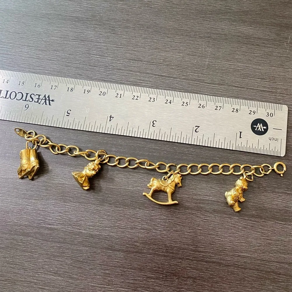 Vintage AVON Charm Bracelet Child Doll Skates Bear 6" Gold - Image 2