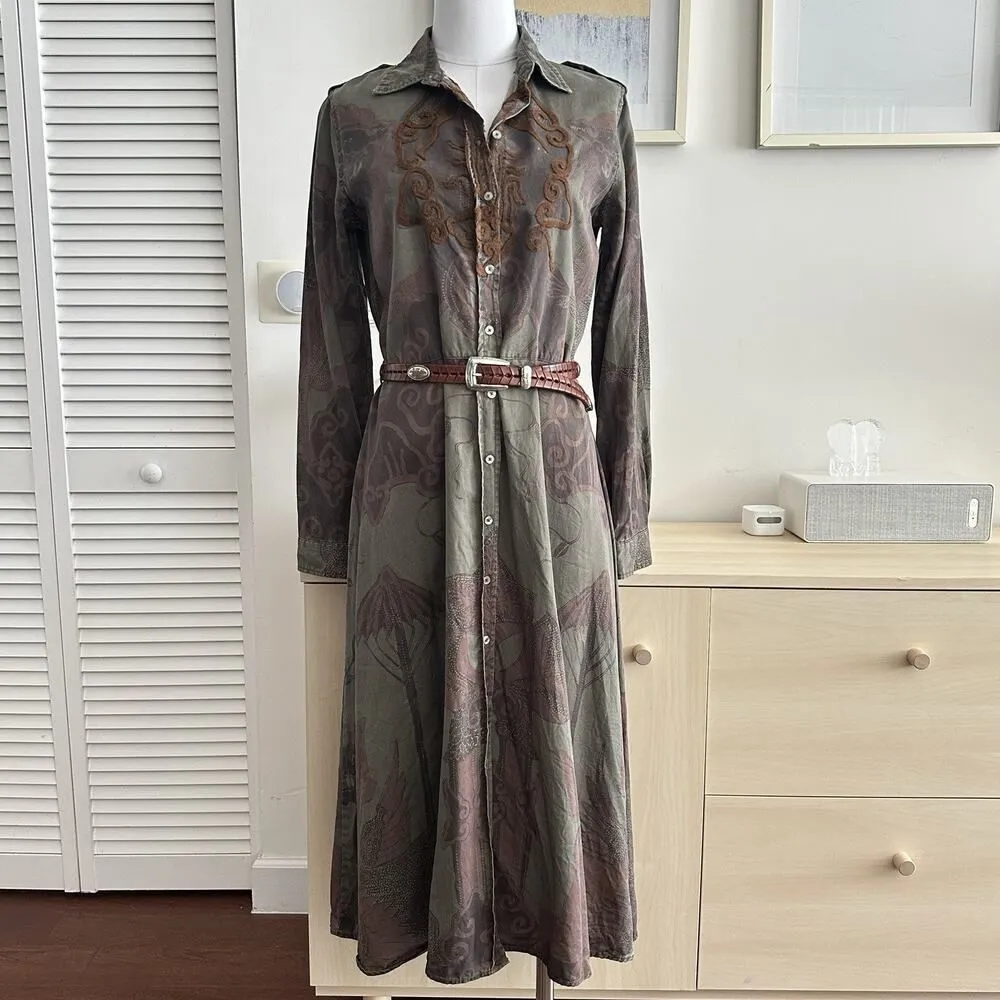 Desigual Dress Womens Medium Boho Military Embroidered Woodland Fairy Earthy - Image 2