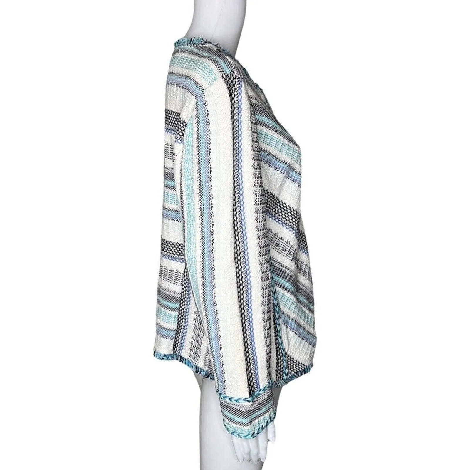 Chicos Sweater Womens Large White‎ Blue Stripe Tweed Cardigan Preppy Casual - Image 2