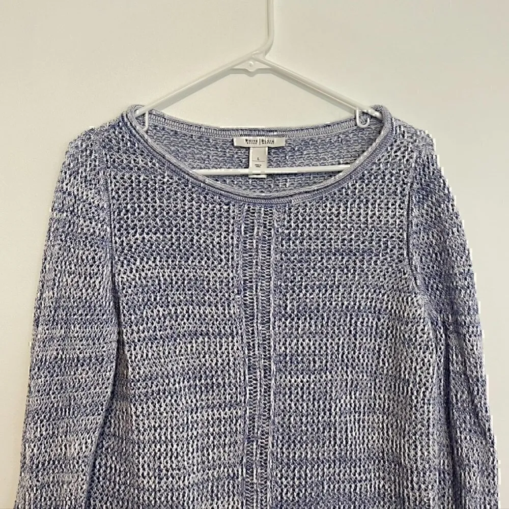 WHITE HOUSE BLACK MARKET WHBM Blue White Open Knit 3/4 Sleeve Cotton Sweater L - Image 2