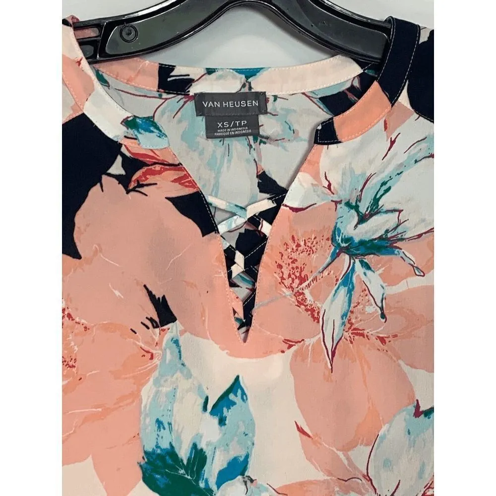 Van Heusen Women's Floral 3/4 Sleeve Criss-Cross V-Neck Blouse Multi-Color Sz XS - Image 6