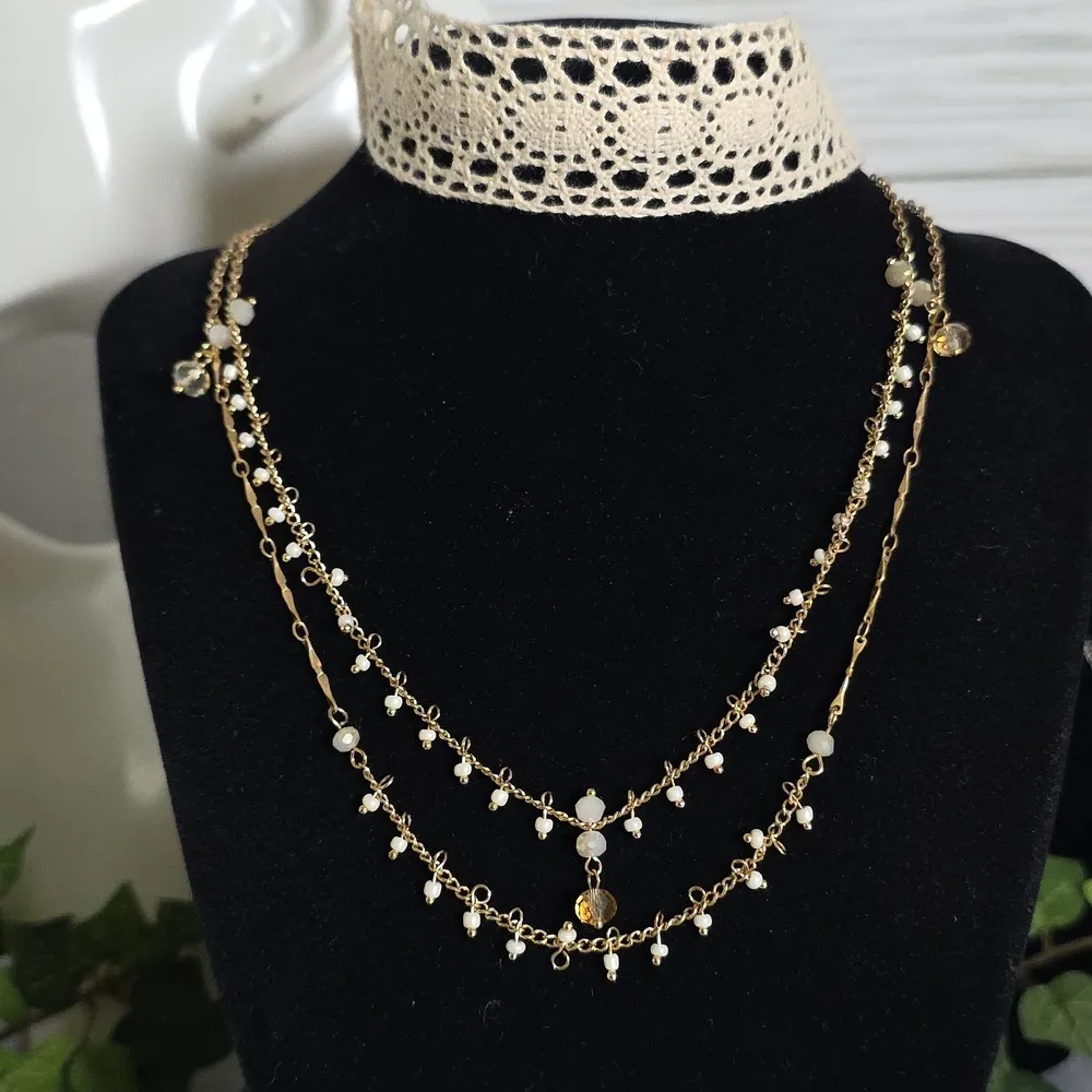 Double Choker Necklace Set Crochet and Double Strand Chain Gold - Image 2