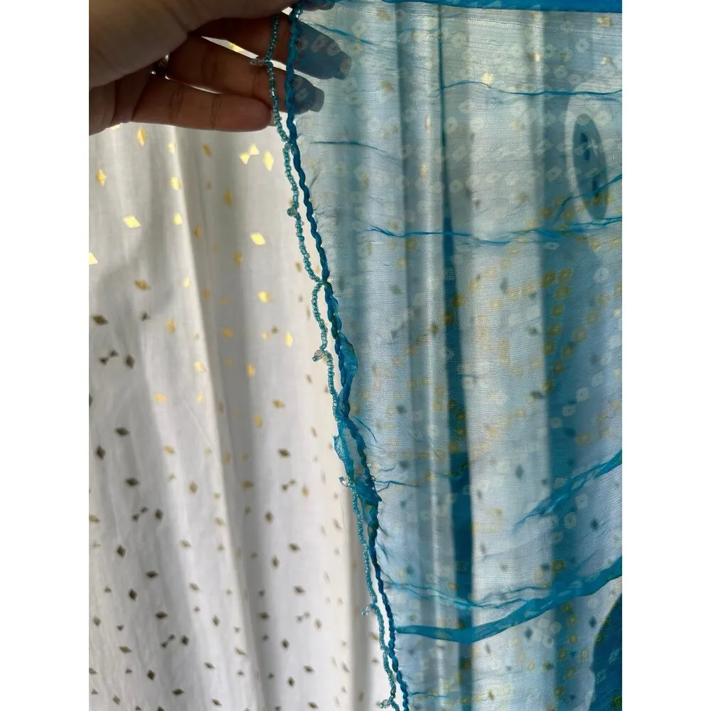 Unbranded Silky Sheer Bright Watercolor Ombre Beaded Trim Blue Pink Scarf Shawl - Image 4