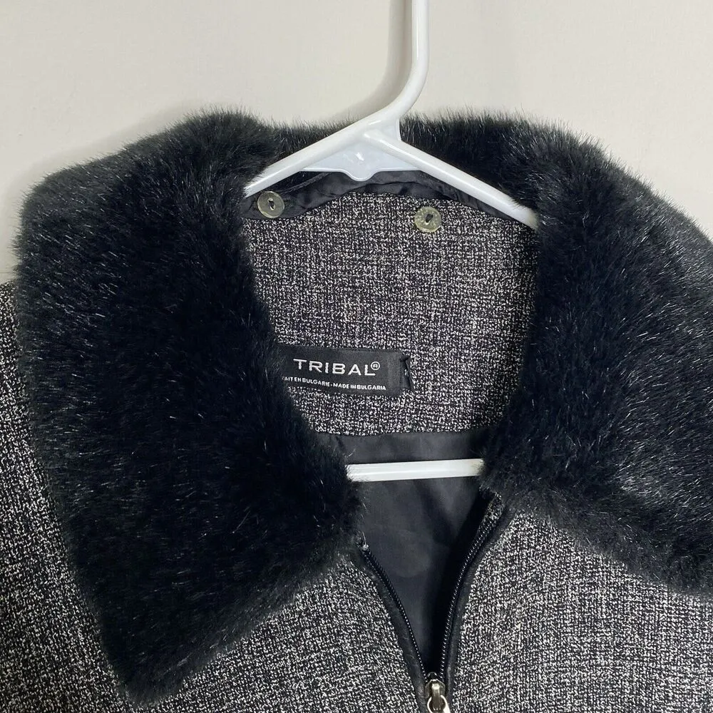 Vintage Tribal Tweed Black Grey Gray Jacket Skirt Lined Faux Fur Collar Sz 10 - Image 2
