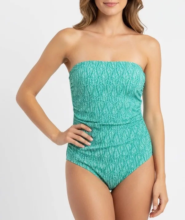 J.Crew Ruched Strapless One Piece Swimsuit Green White Leaf Print Size L Size L - Image 1