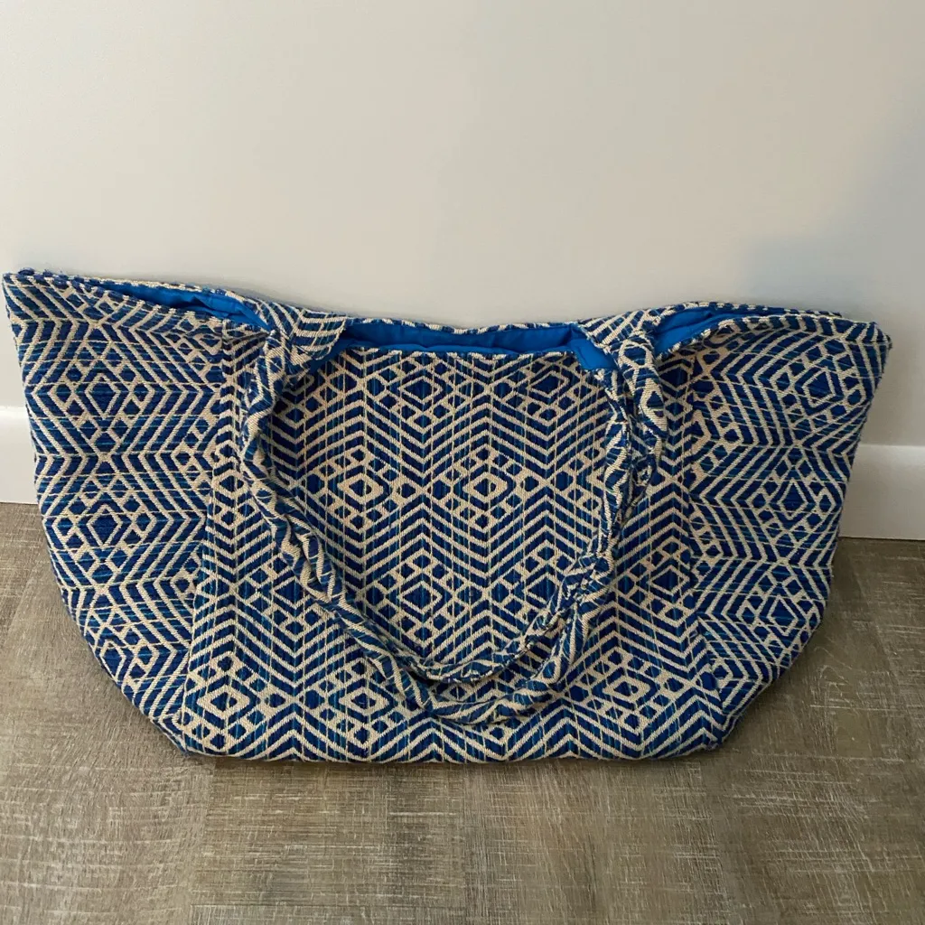 Aztec Woven Tote Bag Tapestry Weave Tribal Boho Design Blue Large Beachy Travel - Image 8