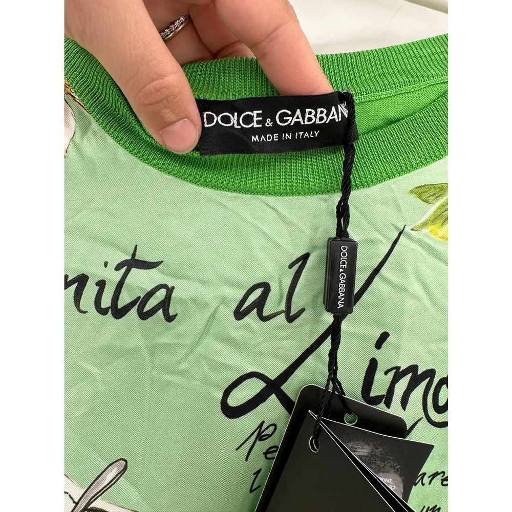 Dolce & Gabbana Lemon Granita Print Green Silk Crewneck Sweater NWT - Image 7