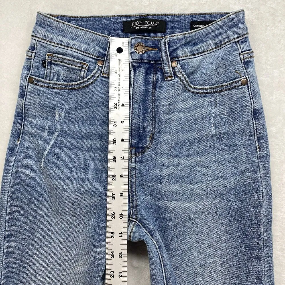 Judy Blue jeans Womens 3/2 Control top skinny Distressed High Rise‎ Blue Denim - Image 4