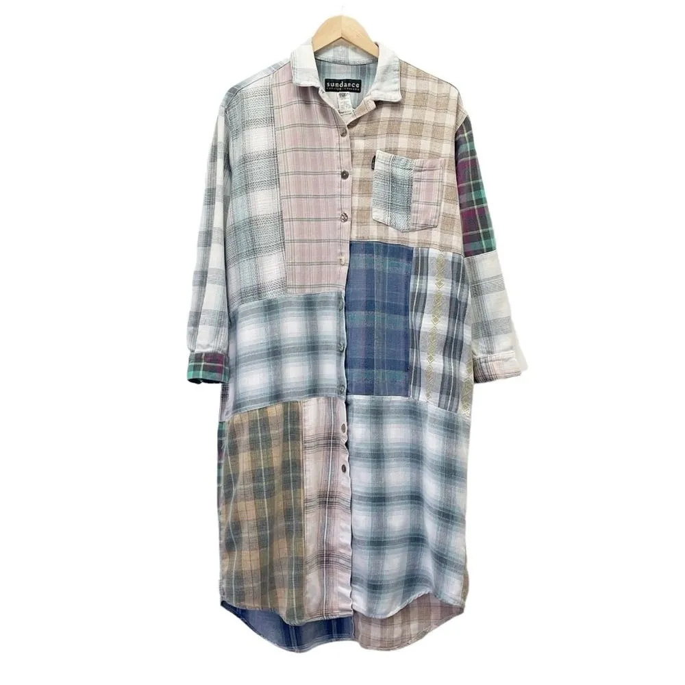 Vintage Sundance Pastel Patchwork Plaid Shirt Dress Pink Blue Size Small Boho - Image 12
