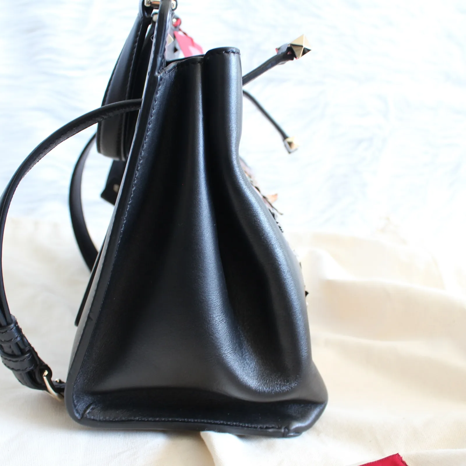 Valentino Joylock Black Leather Floral Applique Rockstud Satchel Shoulder Bag - Image 14