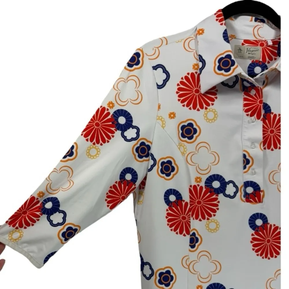 Original Penguin 3/4 Sleeve Retro Floral Polo Popover Blouse‎ Top L - Image 7