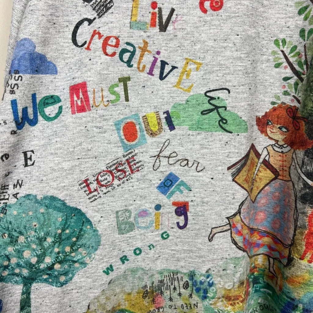 Inoah Top Womens‎ Large Gray Knit Art to Wear Cat Lady Short Sleeve Graphic L - Image 11