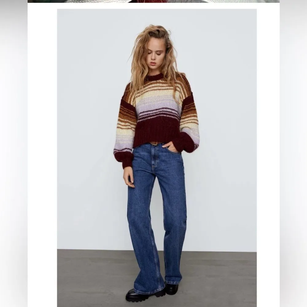 Zara Stripped Balloon Sleeve Knit Alpaca/Wool Blend Sweater‎ Sz Medium Red - Image 2