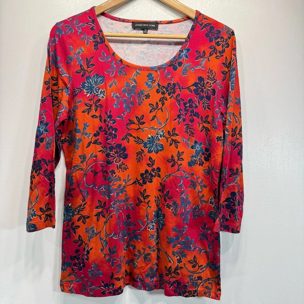 Bold Boho Floral Print 3/4 Sleeve Cotton Blend Top Women’s XL - Image 2