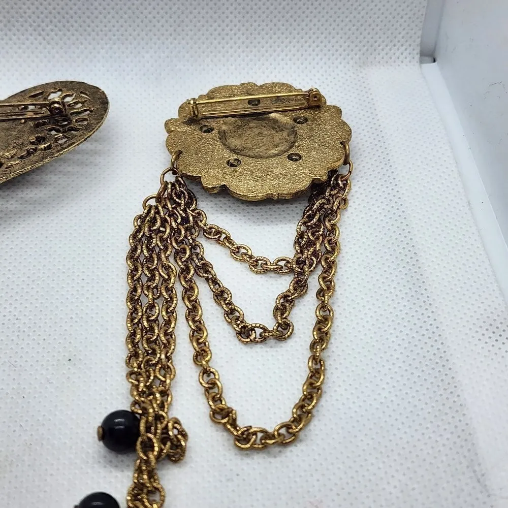 Set of 3 Vintage Gold & Black Brooches Gold - Image 10