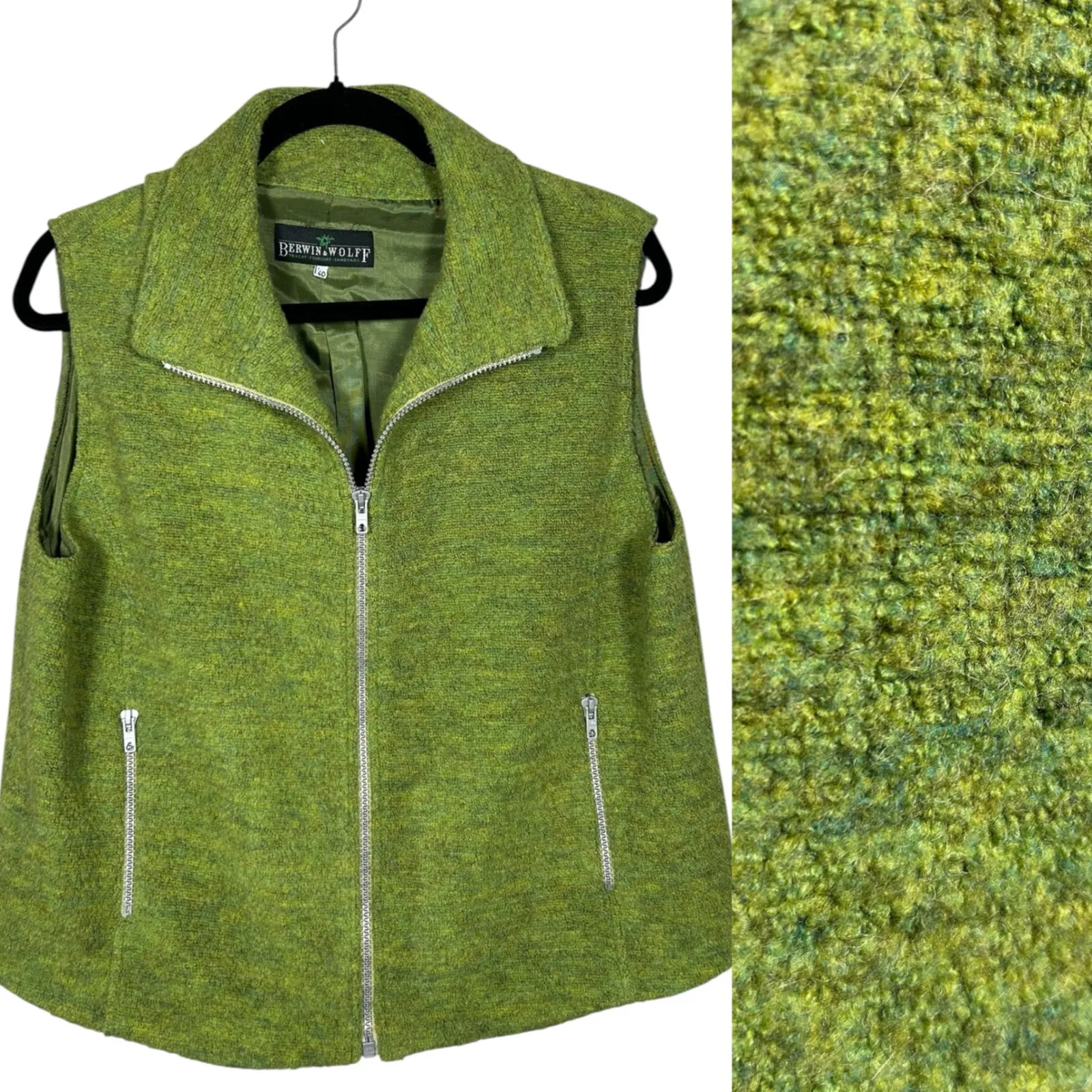 Berwin Wolff Wool Blend‎ Vest Women's Size 40 Green Zip Up Pockets Sleeveless Size M - Image 2