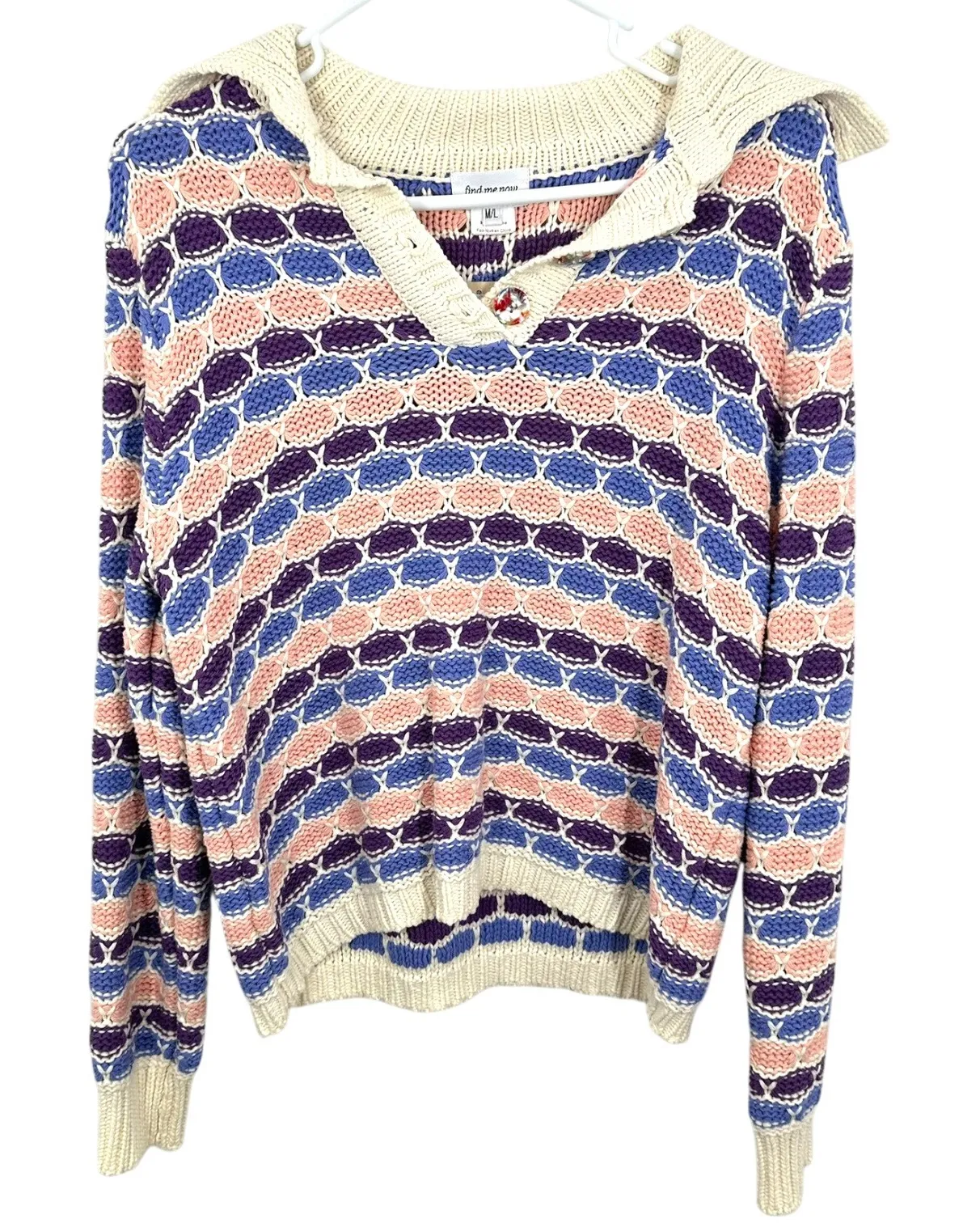 Find Me Now Knit Sweater M/L Colorful Open Weave Pullover Button Collar Boxy Fit Tan Size M - Image 1