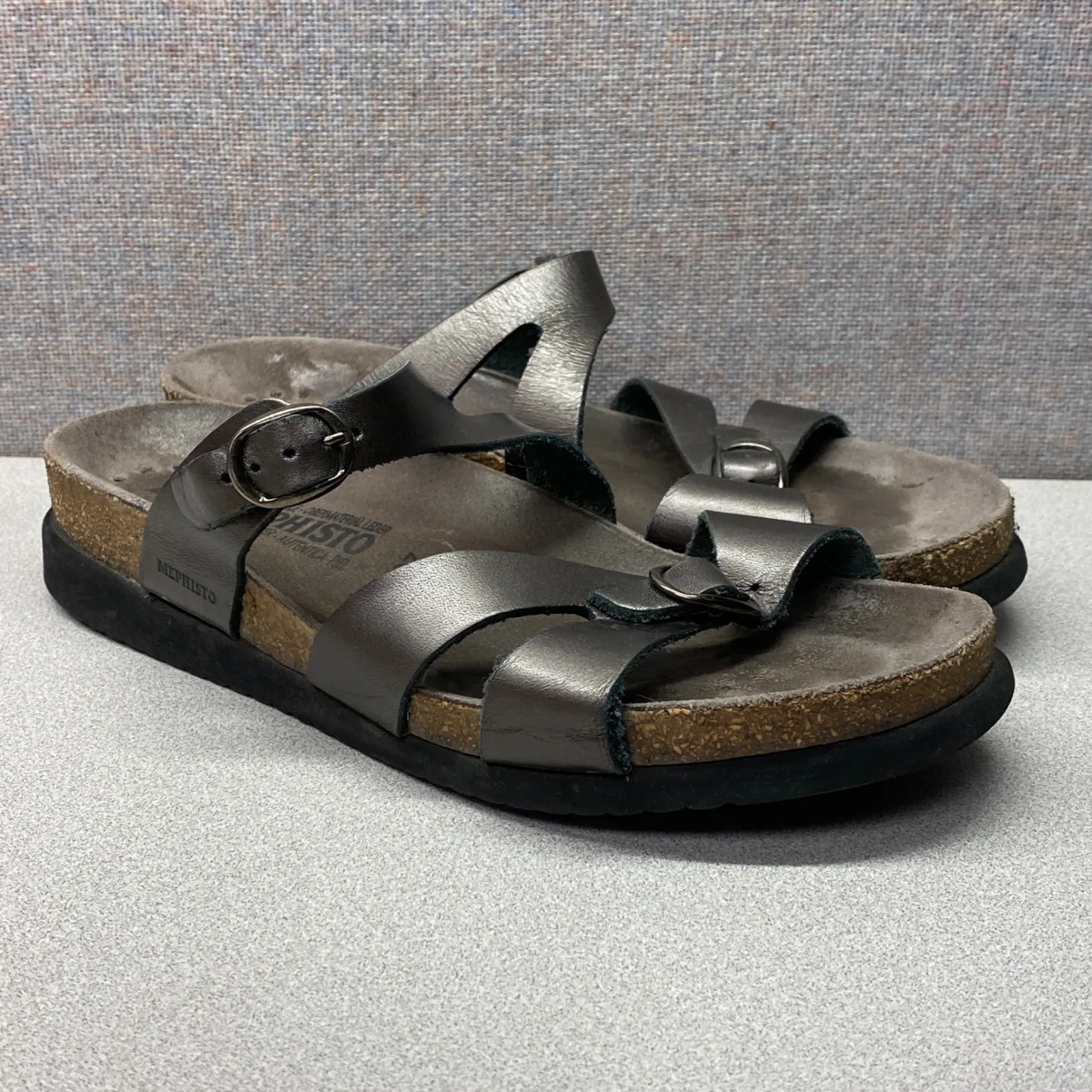 MEPHISTO Women's Size 37 7 Metallic Bronze Leather Sandals Cork Footbed Comfort Silver - Image 7