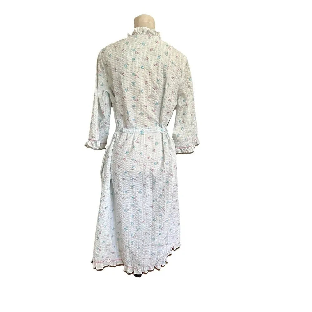 Vintage Miss Elaine Seersucker Robe Blue & Pink Floral Ruffles Wrap Style Sz M Size M - Image 5