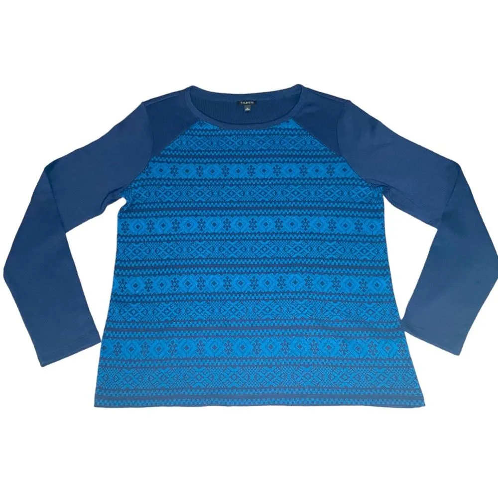 TALBOTS‎ Pullover Crew Neck Nordic Geometric Navy Blue Long Sleeve Top Size M - Image 7