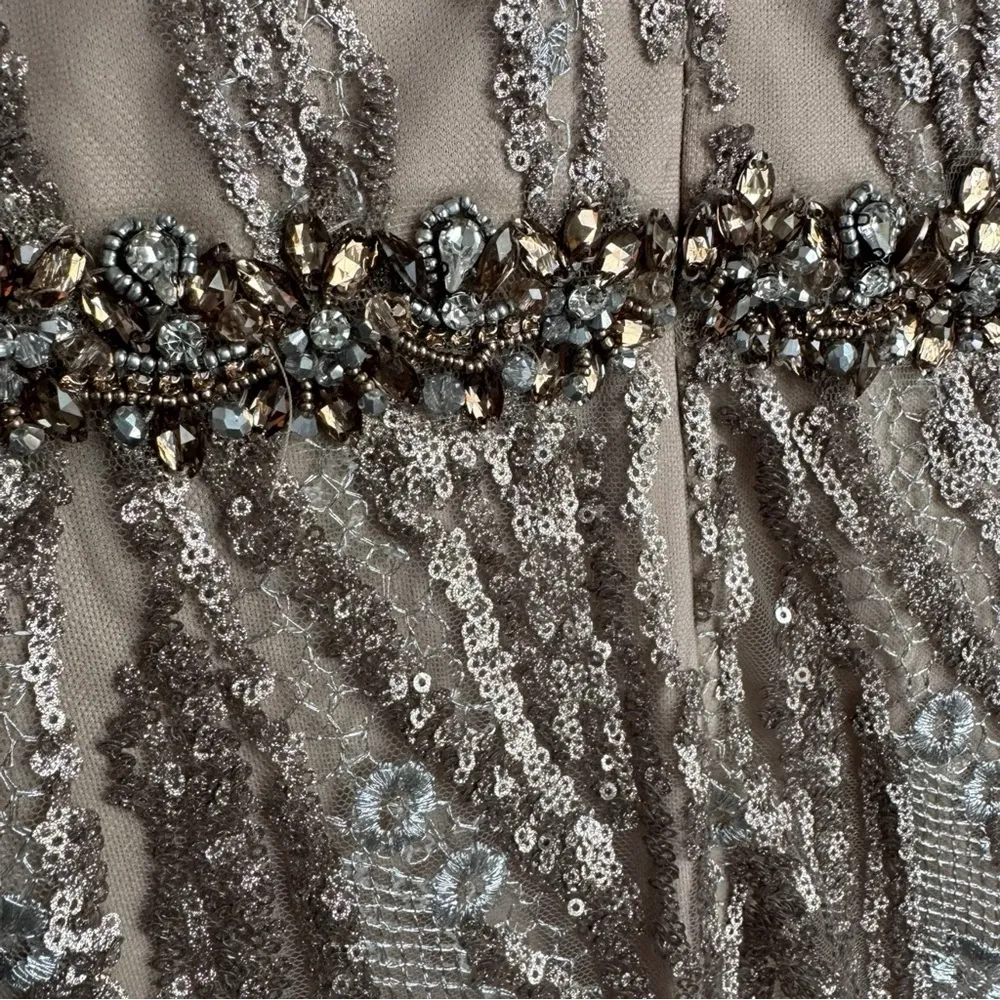 Mac‎ Duggal Embellished Long Sleeve Plunge Neck Gown Gold Taupe 16 79358 - Image 16