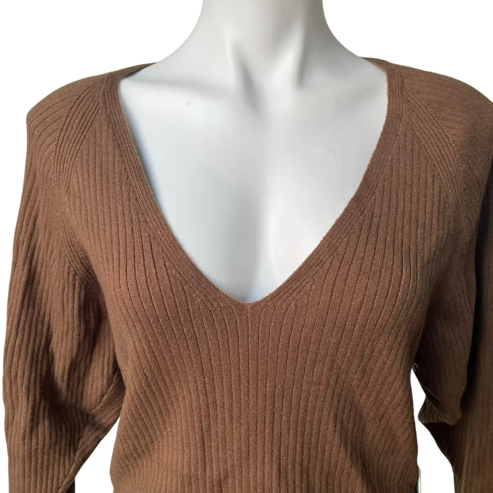Good American Brown Rib Deep V-Neck Long Sleeve Knit Bodysuit Sweater, Sz 3 Lg - Image 5