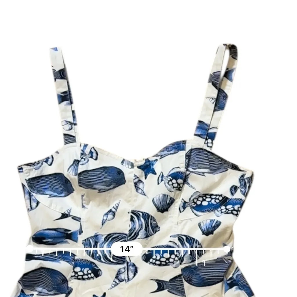 Avec Les Filles Sea Stars Fish A Line Cotton Blend White Blue Midi Dress Size 14 - Image 10