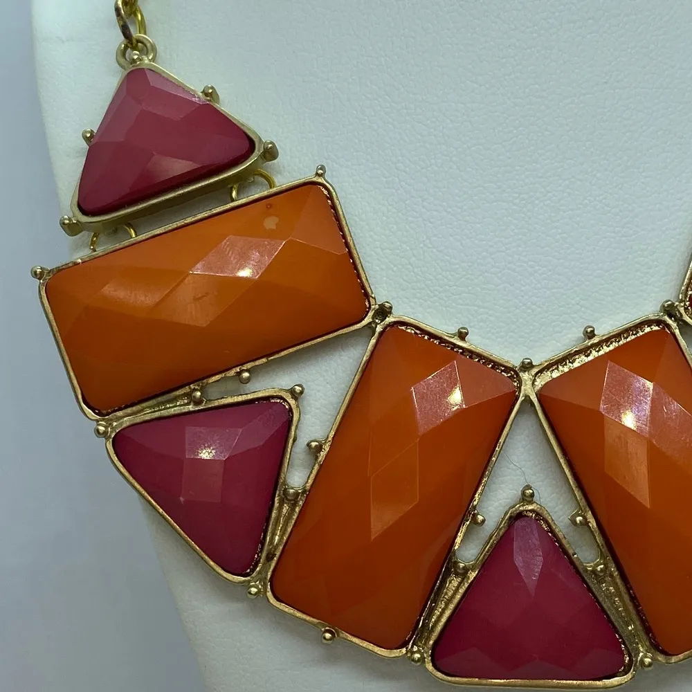Gold-Tone Pink Orange Pendant Statement Necklace - Image 3
