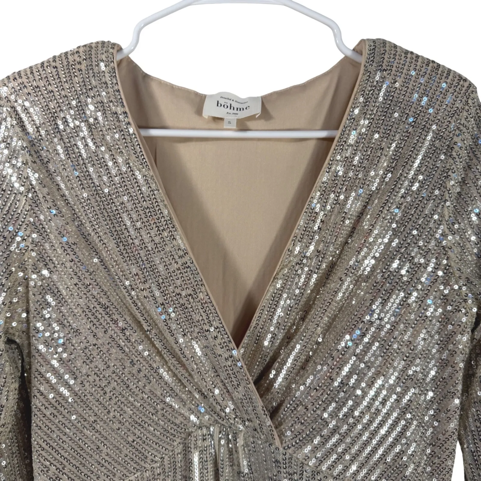 Böhmé Gold Sequin Maxi Dress Long Sleeve V-Neck Evening Gown Size S NYE - Image 2