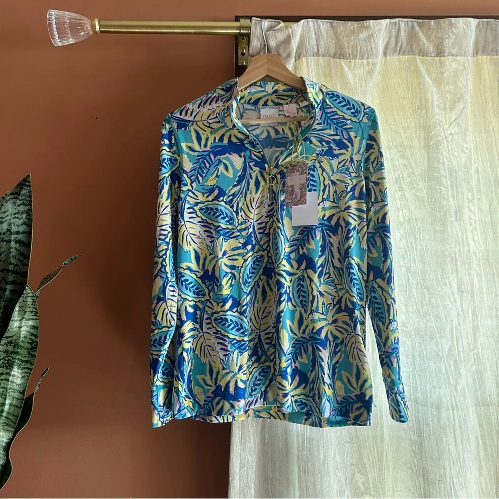 Stella Parker Jumper Quarter Zip Sun Protection UPF 30+ Leafy Tropics NWT Size M Blue Size M - Image 2