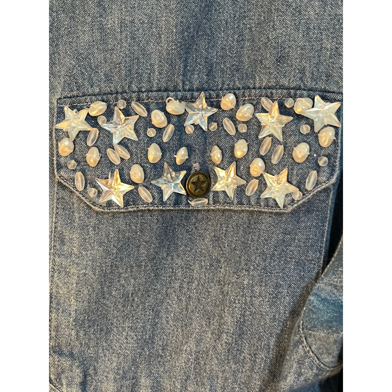 VTG Jenjen by Darian Denim Star Beaded Blouse XL Western Rodeo 80s Cowgirl Blue - Image 4