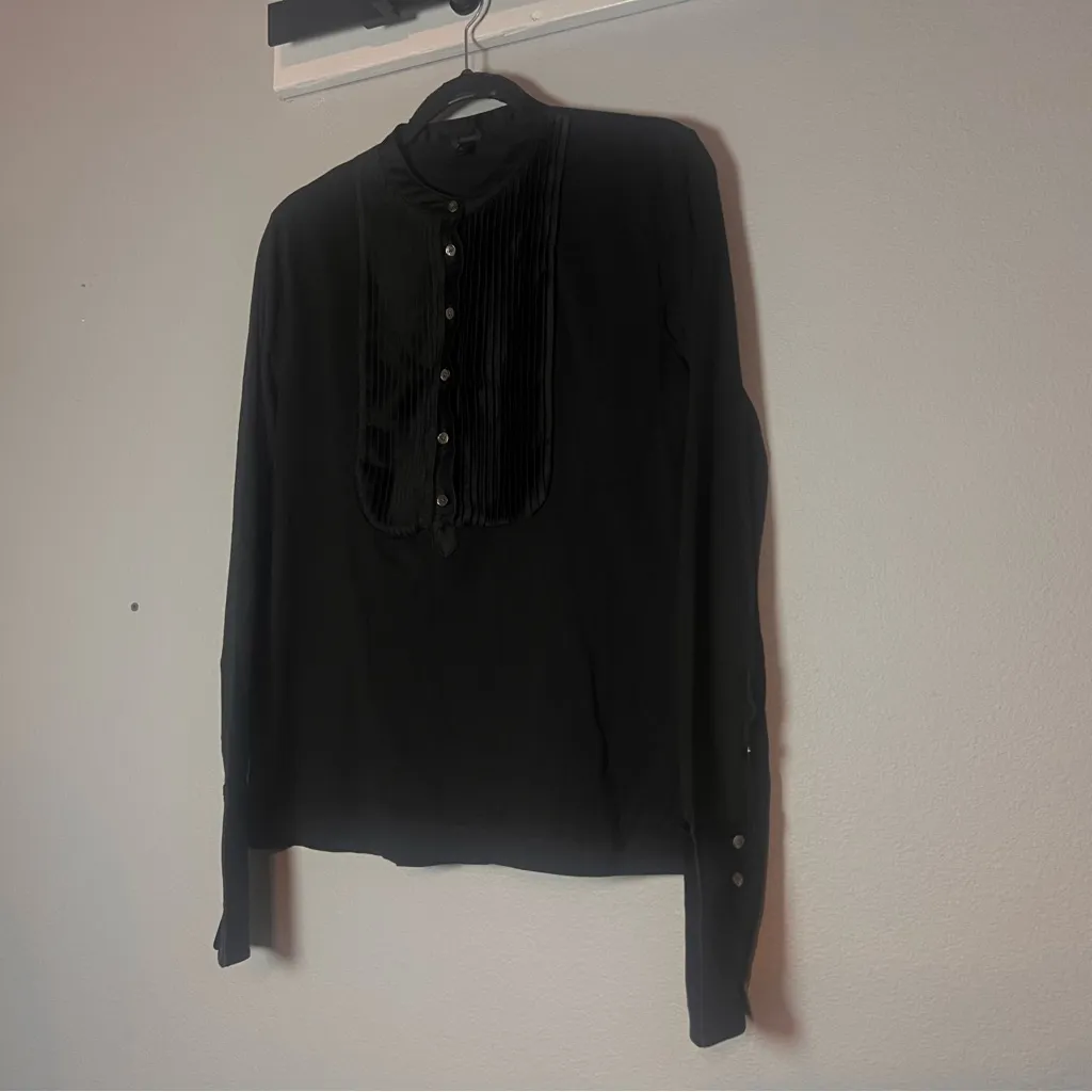 J. Crew Tuxedo Bib Blouse Black Pleated Button Detail Cotton Size Medium - Image 3