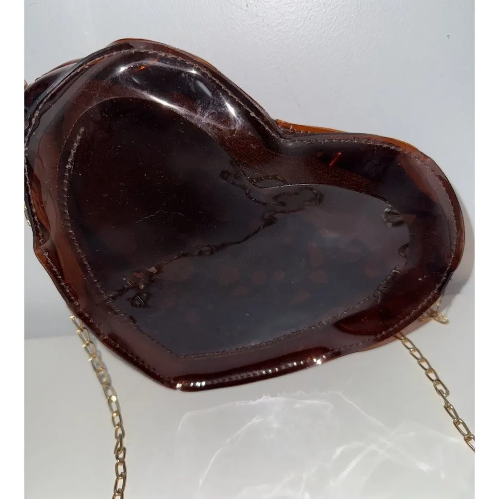 Brown Plastic Heart Shaped Crossbody Bag Purse Gold Chain Strap Translucent - Image 2
