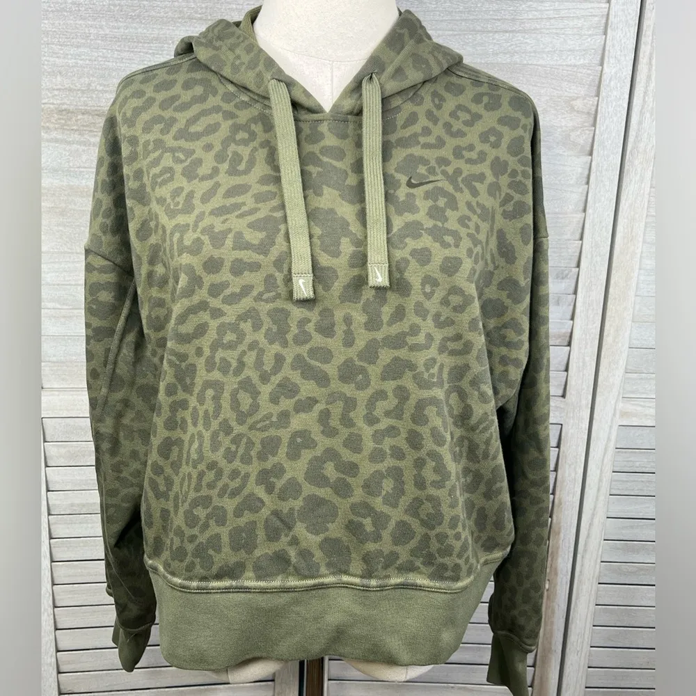 NIKE Cropped Hoodie Sweatshirt Green Cheetah Print-Medium - Image 2