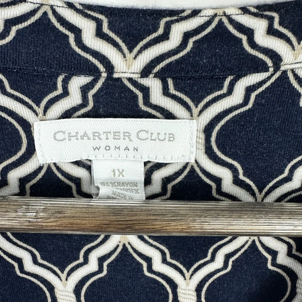 Charter Club Shirt Women 1X Navy White Geometric Print Long Sleeve Office Career - Image 2
