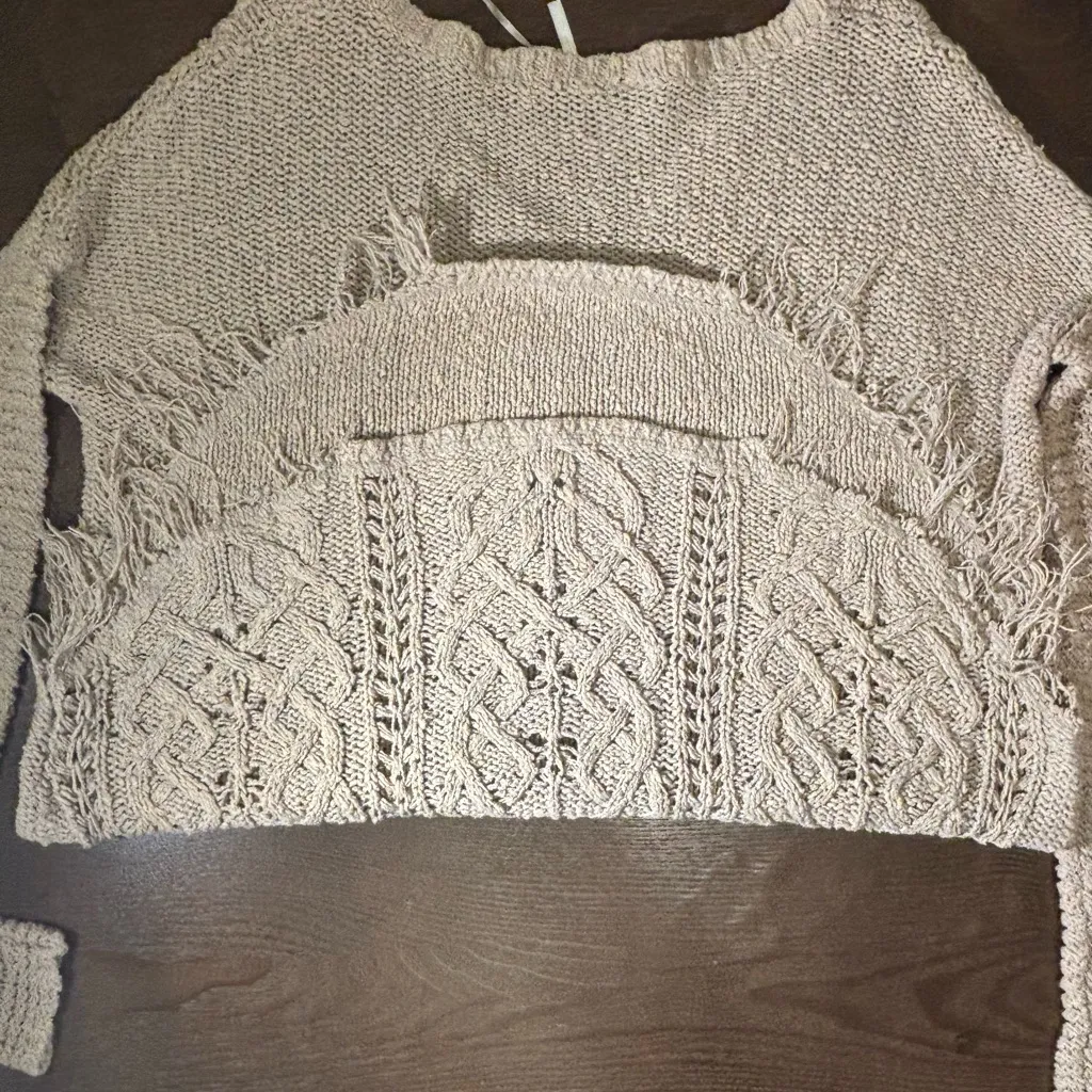 Free People Tan Crew Neck Sweater with Intricate Knit Pattern - Image 8