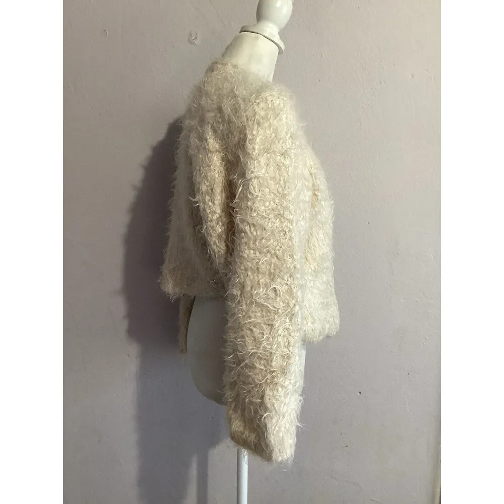 Knitted & Knotted Ivory Faux Fur Furry Open Front Cardigan Wool Cotton Blend M Size M - Image 4