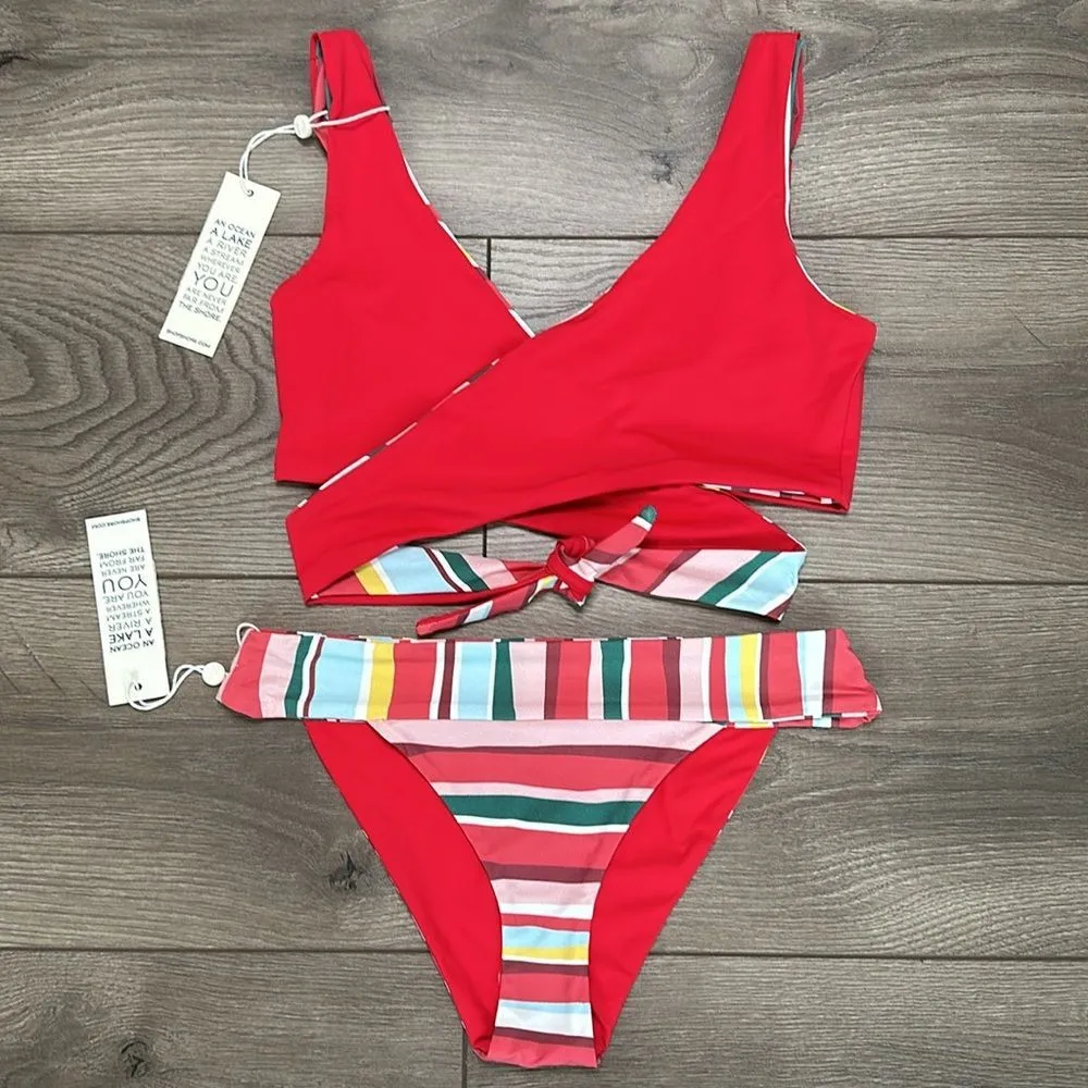 Shore Banded Vibrant Multicolor Wrap Reversible Bikini Swim Suit Size Small Red - Image 2