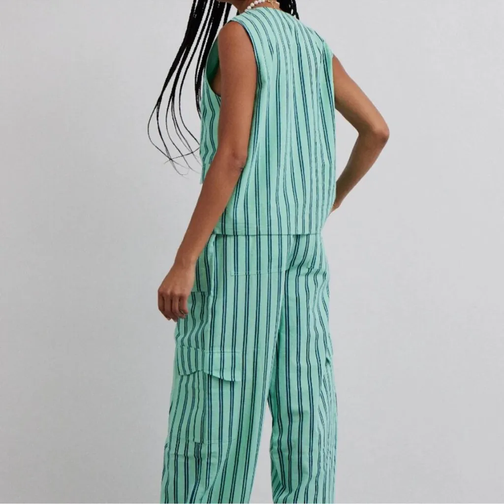 Damson Madder “sydney coastal cargo pants” mint green stripe drawstring linen Size 4 - Image 3
