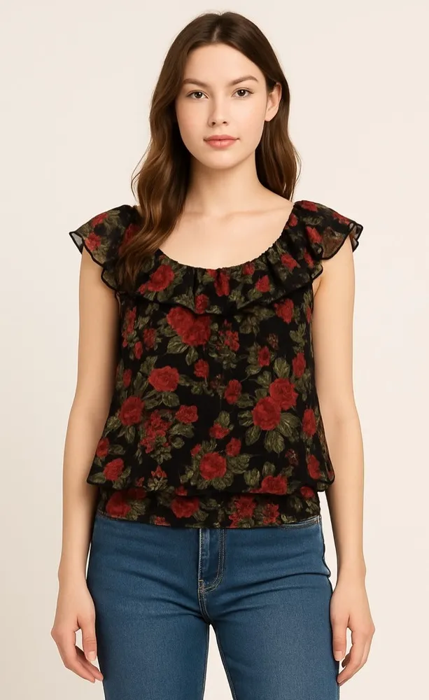 Suzy Shier Black Rose Sheer Ruffle Blouse Women’s Small Flutter Sleeve Romantic - Image 1