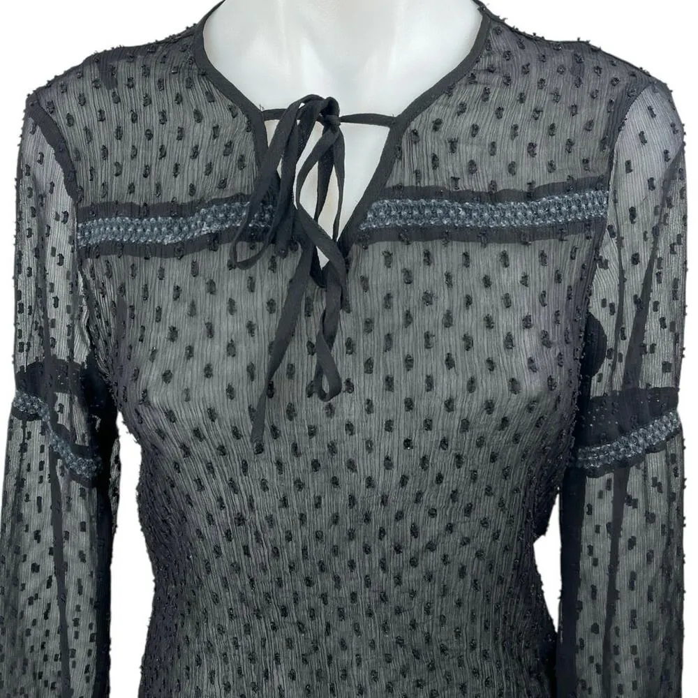 Peacocks Black Sheer Mesh Long Sleeve Swiss Dot Tie Neck Blouse Top Size 10 - Image 3