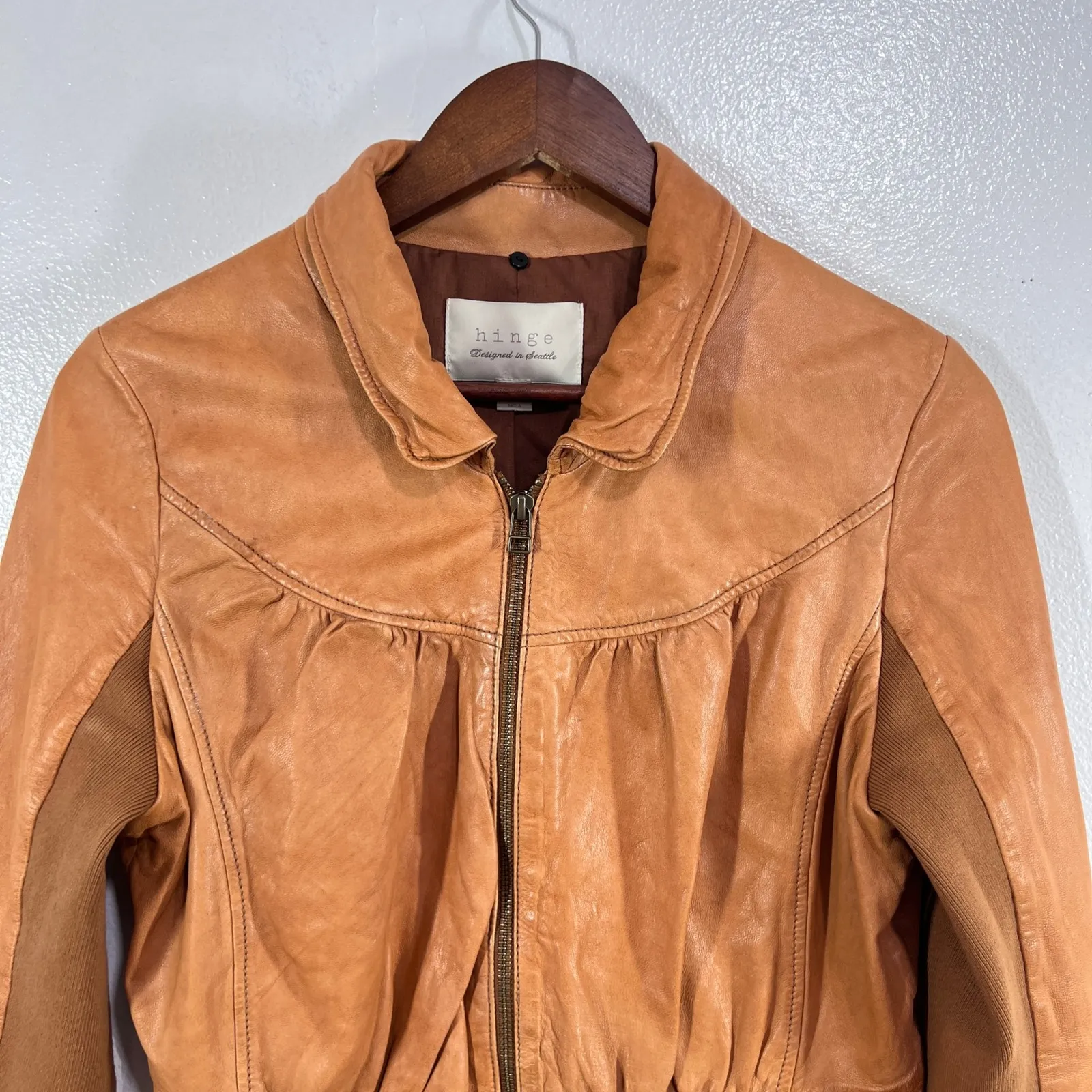 Hinge 100% Leather Jacket Womens‎ Small Tan Brown Zip Up Ruched Collar Peplum - Image 8