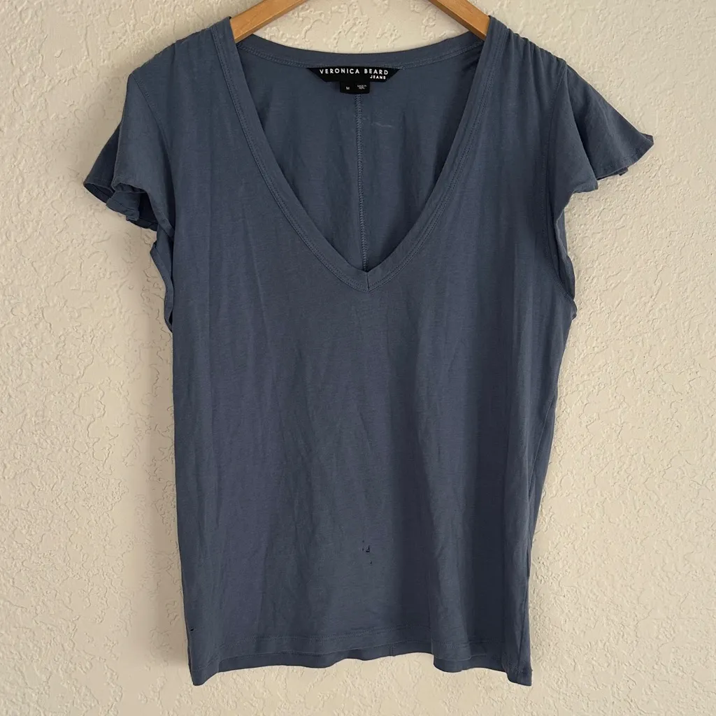 Veronica Beard Blue V Neck T-Shirt Flutter Sleeve Ruched Shoulder Medium Flaw - Image 1