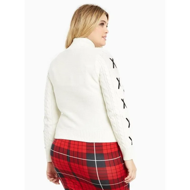 Torrid Sweater Ivory Mock Neck Cable Knit Lace Up Pullover Plus Size 3X‎ - Image 2