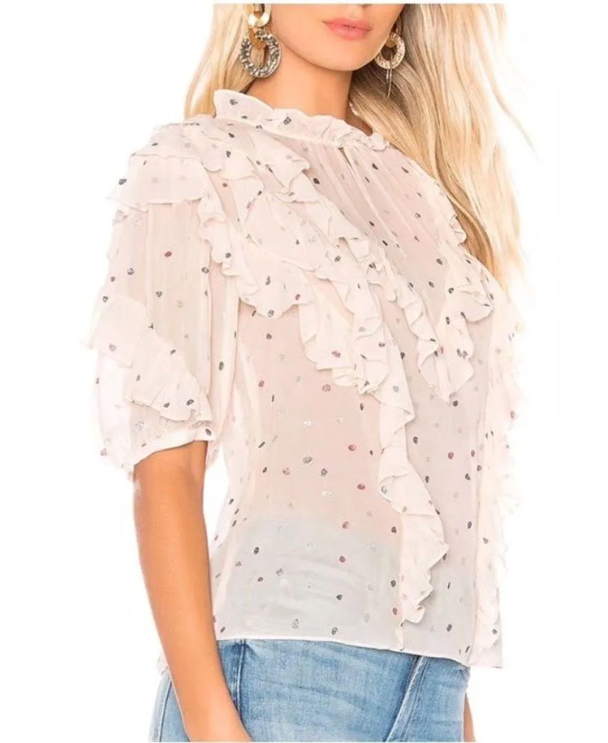 Rebecca Taylor Ruffle Gem Dot Silk Blouse Sheer Pink Metallic - Size 12 - Image 3