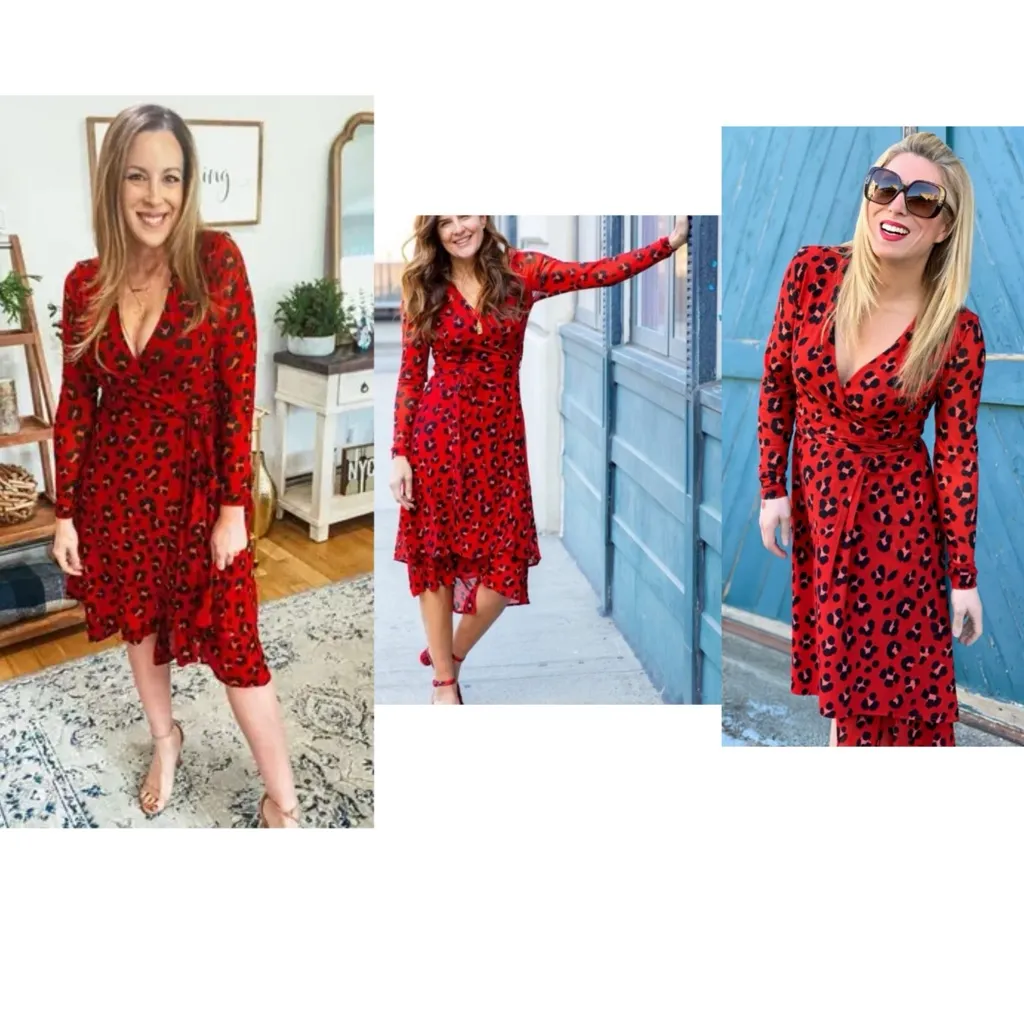 Cabi Siren Wrap Dress Red Leopard Print Midi Women’s Size XS Long Sleeve Chic - Image 2