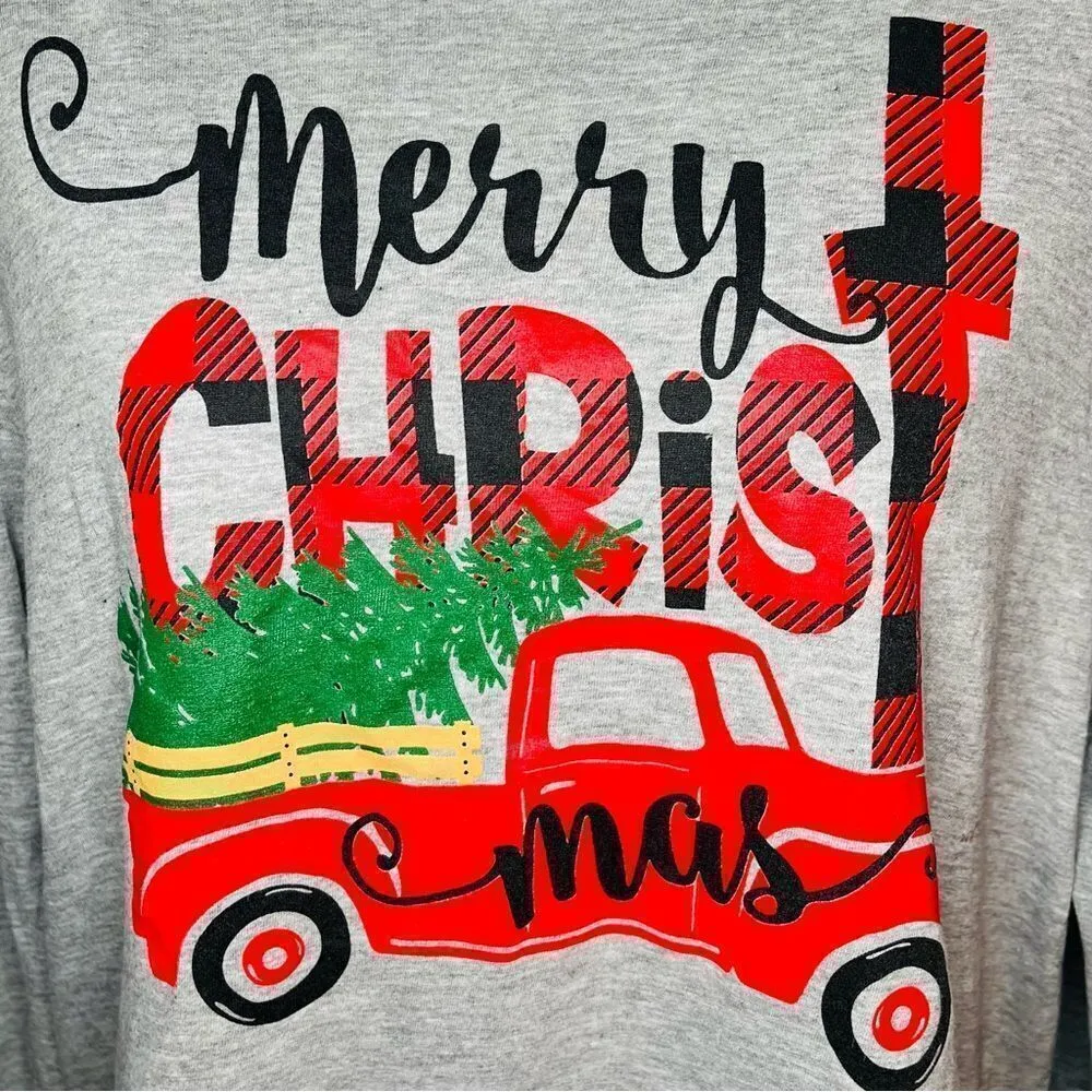 Love in Faith Merry Christmas Truck Long Sleeve Tshirt Marled Grey Red S Gray - Image 3